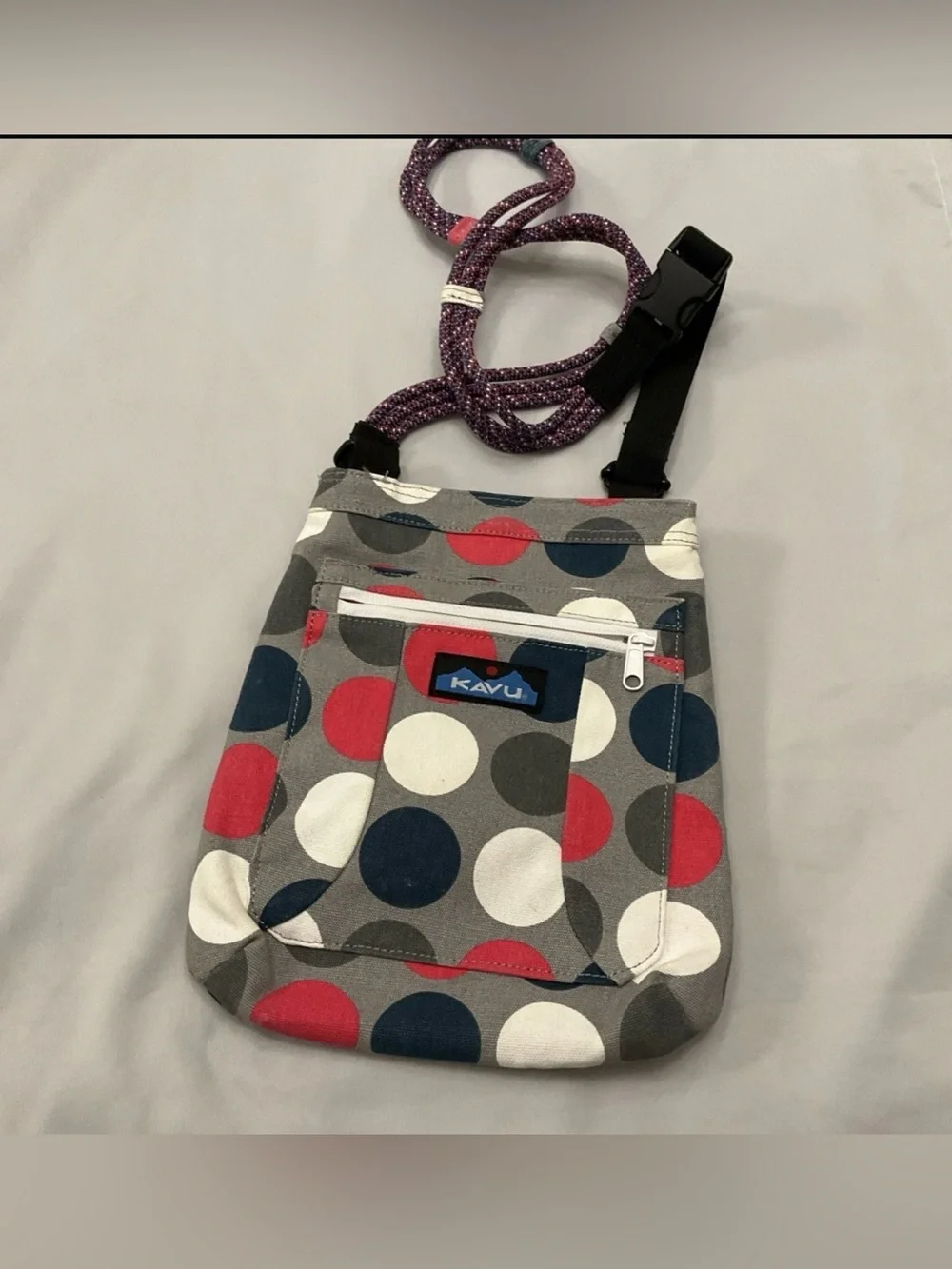 Kavu Gray Messenger Bag with Red, Navy & White Polka Dots